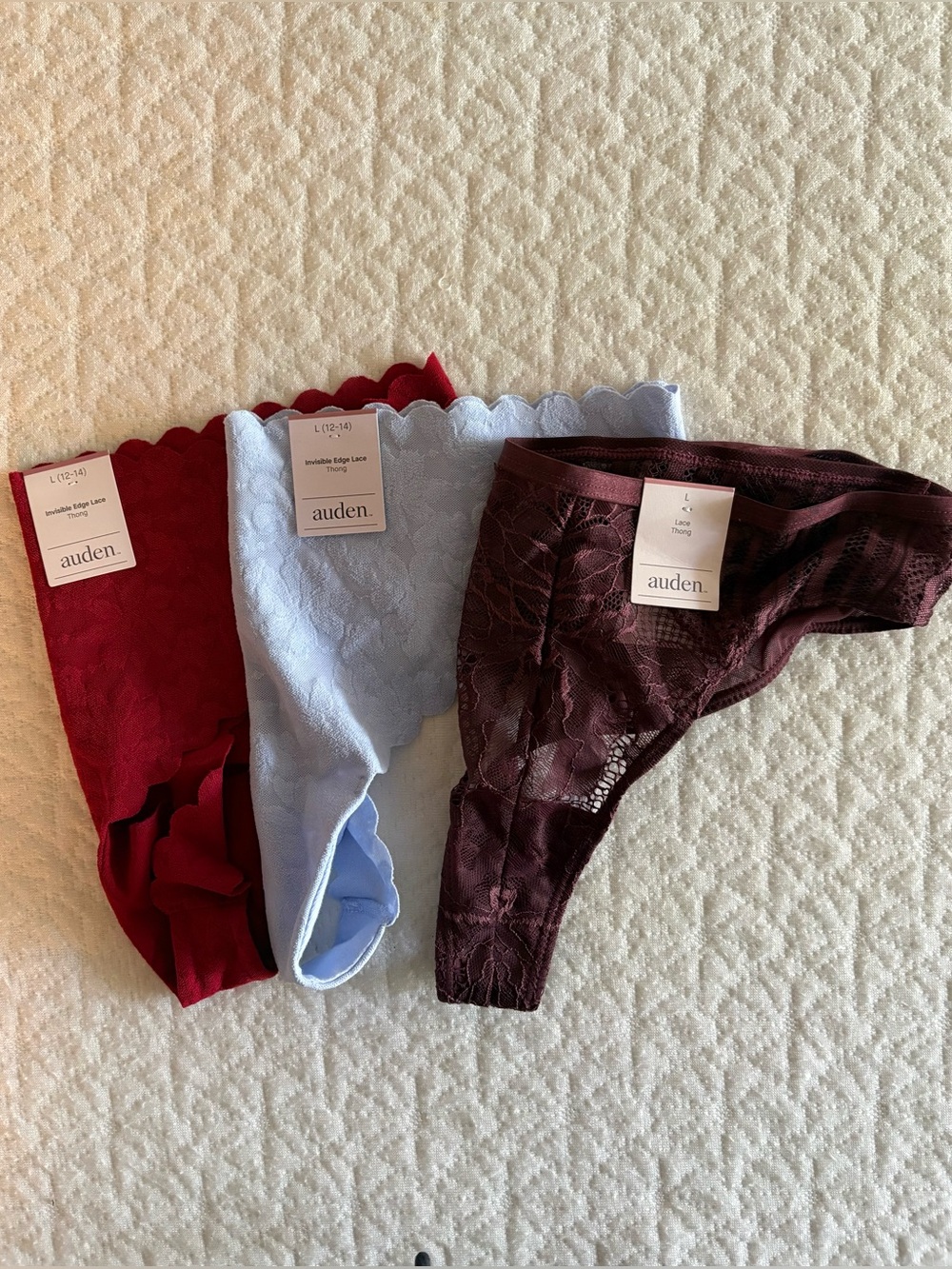 3x Auden Women’s Invisible Edge Lace Thong Underwear, Size L
